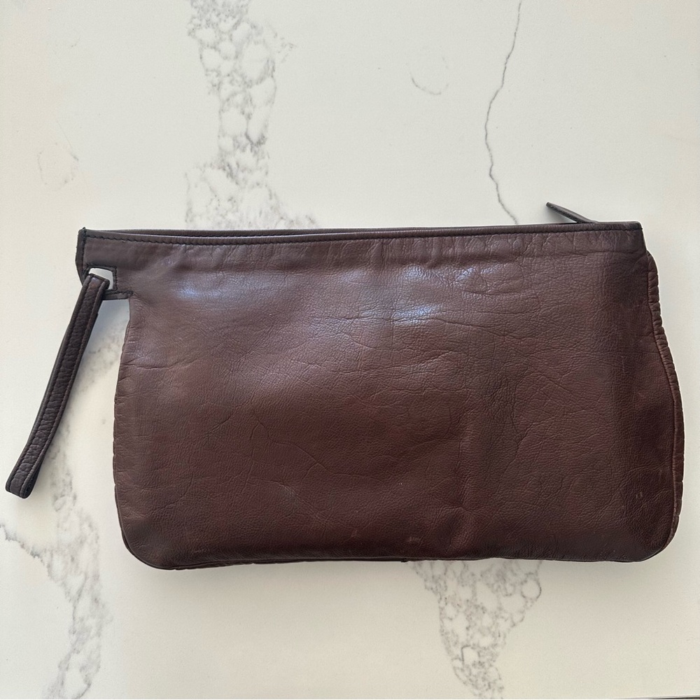 Vintage Oversize Leather Clutch Handbag Wristlet Chocolate Dark Brown 17.25"x10"